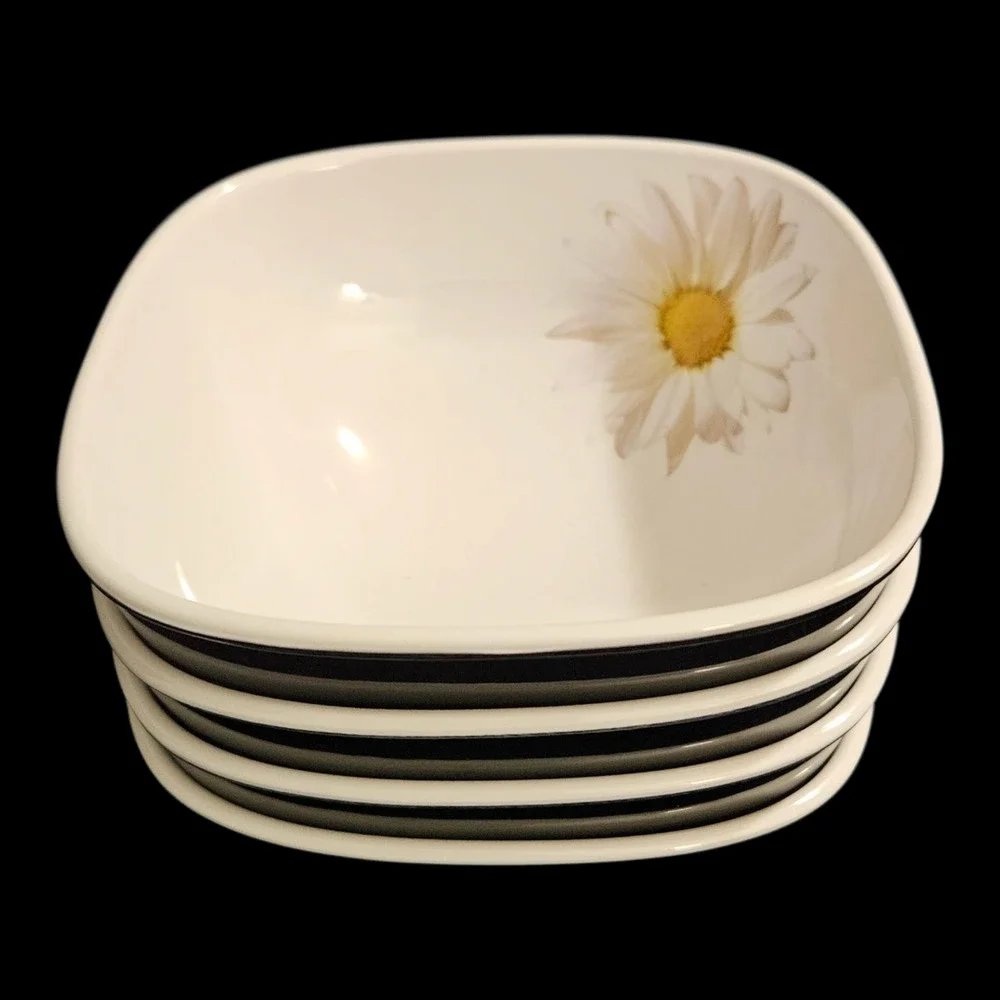Home Melamine Daisy Square Snack Bowls Set of 4 White Black China